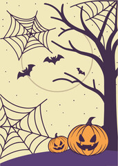 Halloween Night with Spooky Tree and Grinning Pumpkins