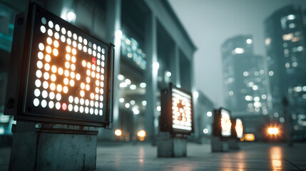 A row of glowing digital LED information panels lining a wet, reflective city street on a foggy evening with a blurred urban skyline