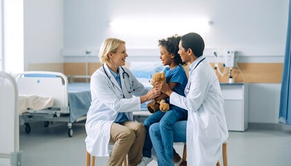 Obraz premium Doctors examining a young girl in a hospital room.