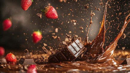 Chocolate splash with strawberries lifestyle dessert design composition inspiration sweet indulgence food creativity