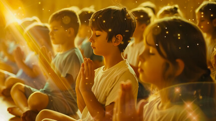 Group of children meditating with golden light, symbolizing peace, spirituality, and mindfulness.