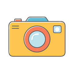 Cute and simplistic yellow toy camera with a blue and orange lens