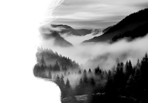 Black And White Mist Mountain Image Effect Double Exposure Portrait
