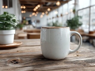 Blank white mug mockup in a cozy coffee shop setting with warm bokeh lights and a rustic wood counter