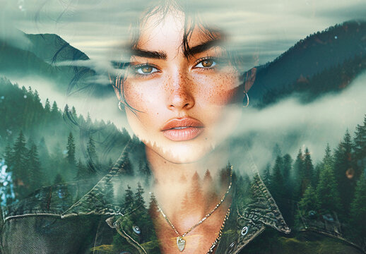 Green Mist Mountain Image Effect Double Exposure Portrait