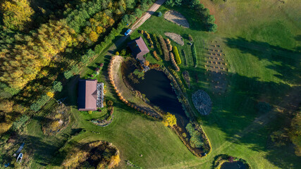 Aerial View of Rural Property with Pond and Autumn Trees in Lithuania