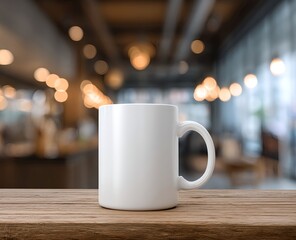 Minimal white ceramic mug mockup against a modern café interior with a barista counter and soft natural light