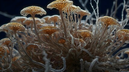 Micro world scene showing fungi filaments branching like neural networks under magnification.