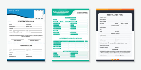 Set of professional registration and admission form templates for school, college, business, and office use in editable layout design