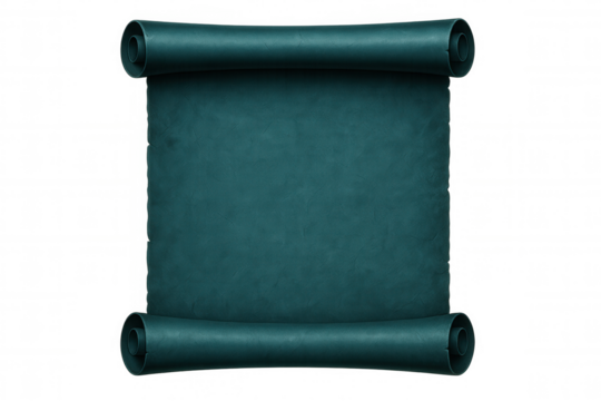 Teal textured scroll rolled up at the top and bottom on a transparent background, creating an ancient and mysterious feel
