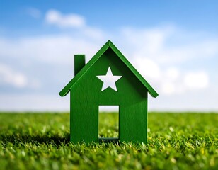 Green house model on grass field against a clear sky