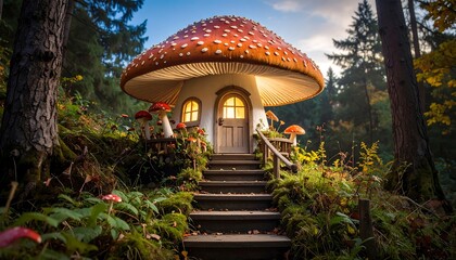 Obraz premium Fairy tale mushroom house with forest.
