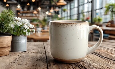 Clean blank mug mockup styled in a coffee shop backdrop with pastries, a menu board, and an inviting morning ambiance