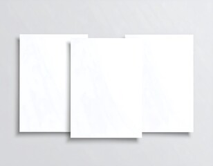 Elegant trio of white paper sheets cascading on subtle grey background, mock up