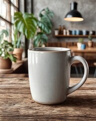 Clean blank mug mockup styled in a coffee shop backdrop with pastries, a menu board, and an inviting morning ambiance