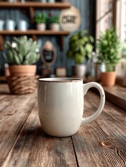Minimal white ceramic mug mockup against a modern caf&eacute; interior with a barista counter and soft natural light