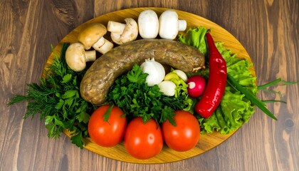 Assorted fresh vegetables and sausage