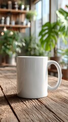 Minimal white ceramic mug mockup against a modern café interior with a barista counter and soft natural light
