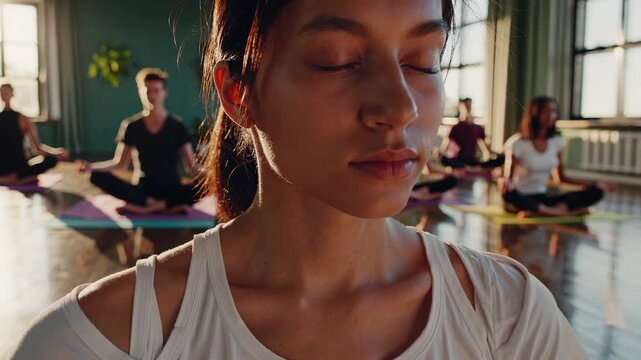 A serene yoga class captured in a wide-angle shot, highlighting a diverse group meditating. Perfect for a wellness video theme.