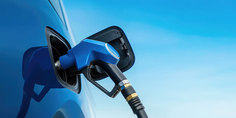 A blue fuel pump nozzle is inserted into a car's fuel tank. Refueling concept