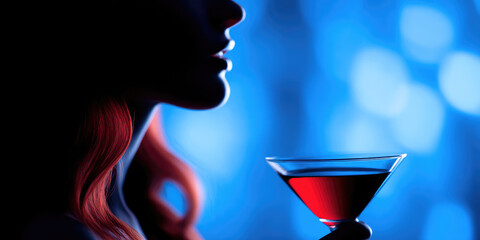 A person with red hair is holding a cocktail glass filled with red liquid against a blurred blue background. Concept: elegance, nightlife, sophistication
