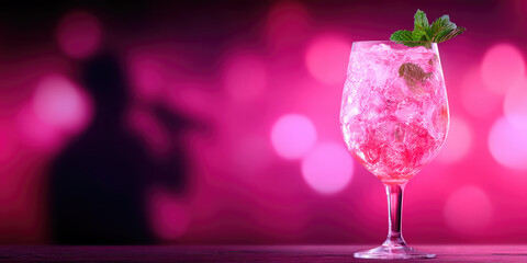 A tall glass filled with pink iced drink is placed on a table, with mint leaves on top; a blurred silhouette in the background appears to be holding a microphone. Refreshing drink with a party vibe