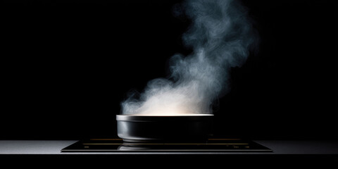A steaming pot sits on a stovetop with billowing steam rising. Cooking, minimalism, steam, kitchen