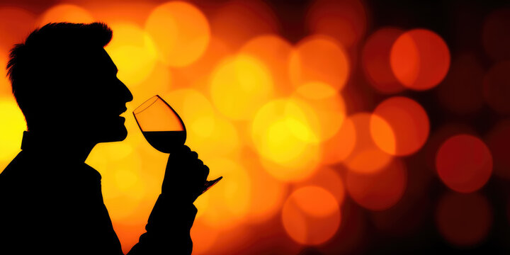A person is silhouetted while sipping from a wine glass against an orange bokeh backdrop. Warm ambiance and relaxation