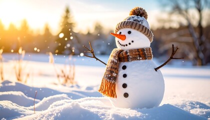Obraz premium Happy Snowman Enjoying a Sunny Winter Day in a Snowy Landscape.