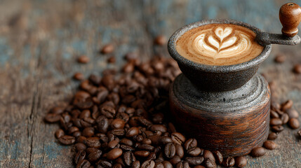 A cup of latte art coffee next to a vintage coffee grinder and coffee beans on a wooden surface.