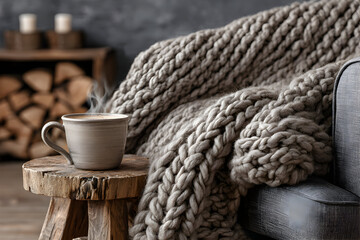 A cup of tea on a wooden stool next to a chunky knit blanket on a sofa.