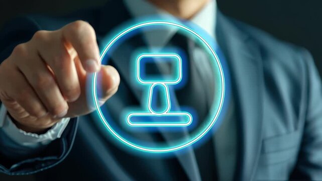 The Seal of Approval: A businessperson, in an elegant business suit, selects a virtual stamp, depicting the core of agreement and validation, symbolizing endorsement and assurance. 