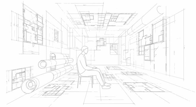 Conceptual architectural design featuring a seated figure amidst technical drawings