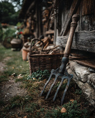 Fototapeta premium A garden fork and wicker basket near a rustic wooden building.