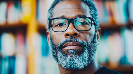 Close-up portrait of thoughtful African American man with salt-and-pepper beard and black-rimmed glasses, looking directly at camera against blurred background of colorful bookshelves.