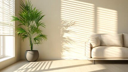 Potted plant near window with sunlight casting shadows in a bright room.