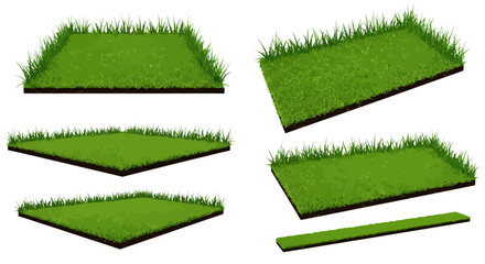 Collection of isometric grass patch vector illustrations for landscaping design
