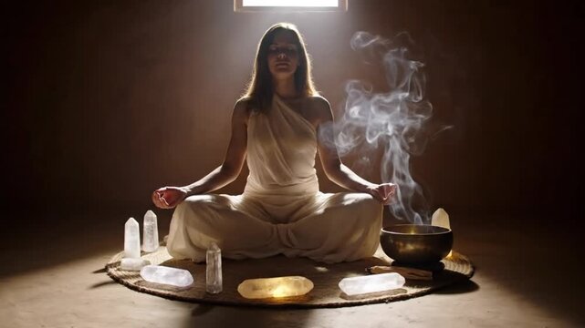 Spiritual Woman Meditating in a Sacred Circle of Crystals and Incense