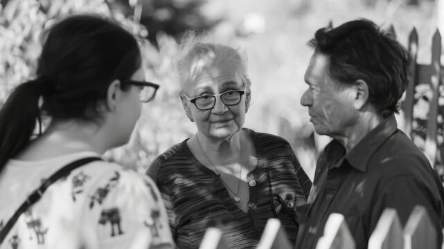 Two elderly individuals engaging in conversation outdoors. A social and emotional interaction indicative of their connection and shared experience.