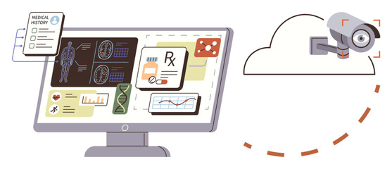 Computer screen displaying medical records, prescriptions, and patient history connected to a cloud surveillance camera. Ideal for healthcare, cybersecurity, data privacy, cloud storage, monitoring