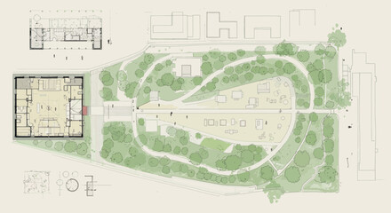 Fototapeta premium Architectural Plan of Urban Park and Building, Detailed Design Visualization