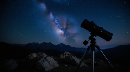 Naklejka premium telescope under the deep sky - stargazing adventure | astronomer, deep sky, astrophotography, space exploration, space adventure theme