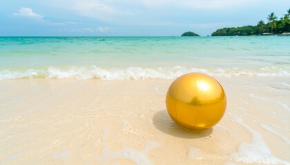 Obraz premium Golden Ball on a Serene Tropical Beach with Gentle Ocean Waves.