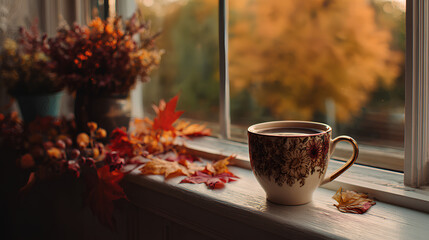 Fototapeta premium Autumn Coffee Cup on Windowsill