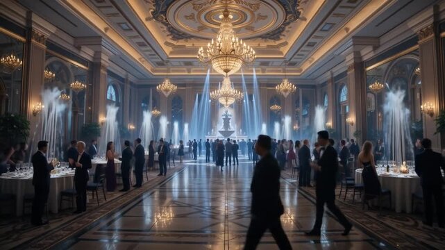 An elegant ballroom set for a New Year's gala with chandeliers, champagne fountains, and people in formal attire. 4k video