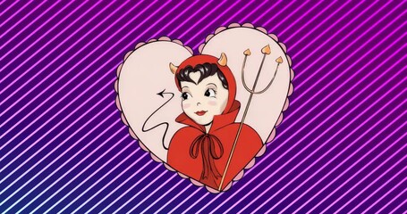 Stripe expansion starting heart-cushion devil opening eyes, pivoting head and smiling for neon loop - Powered by Adobe