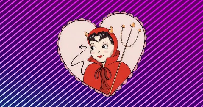 Stripe expansion starting heart-cushion devil opening eyes, pivoting head and smiling for neon loop