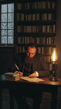 A vintage-style video scene of a bearded man writing by lamplight in a library. Shot from a side angle, capturing a warm, contemplative atmosphere.