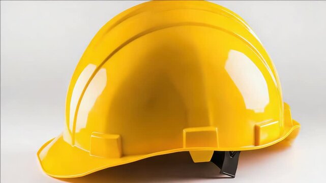A yellow hard hat with a black visor sits on a white surface. The visor is black and the hat is yellow, providing a bright contrast against the white background