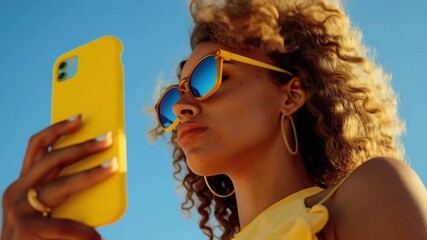 A woman holding a smartphone, capturing a selfie on a sunny day at the beach. She is wearing sunglasses and a yellow top. - Powered by Adobe
